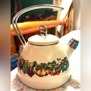 Vintage Fruits Garden 2 Quart Whistling Tea Kettle Porcelain Enamel